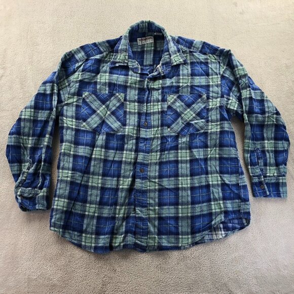McGregor Bagpiper Mens Shirt Large Flannel Long Sleeve Plaid Classic Blue Y2K - Picture 11 of 12